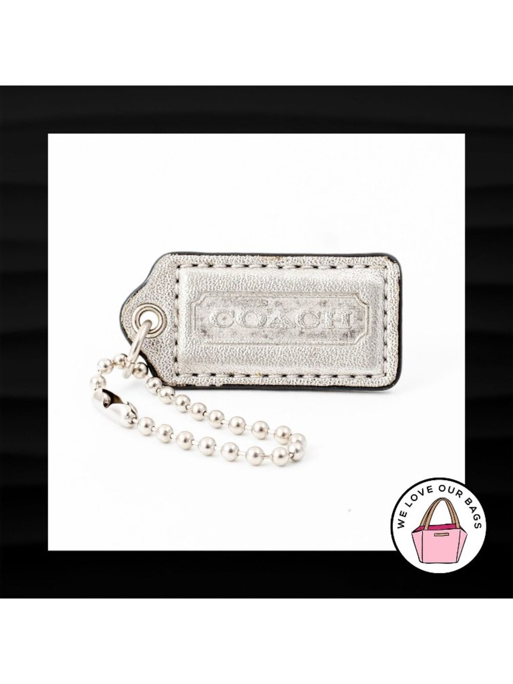 2" Medium COACH METALLIC SILVER LEATHER KEY FOB BAG CHARM KEYCHAIN HANGTAG TAG